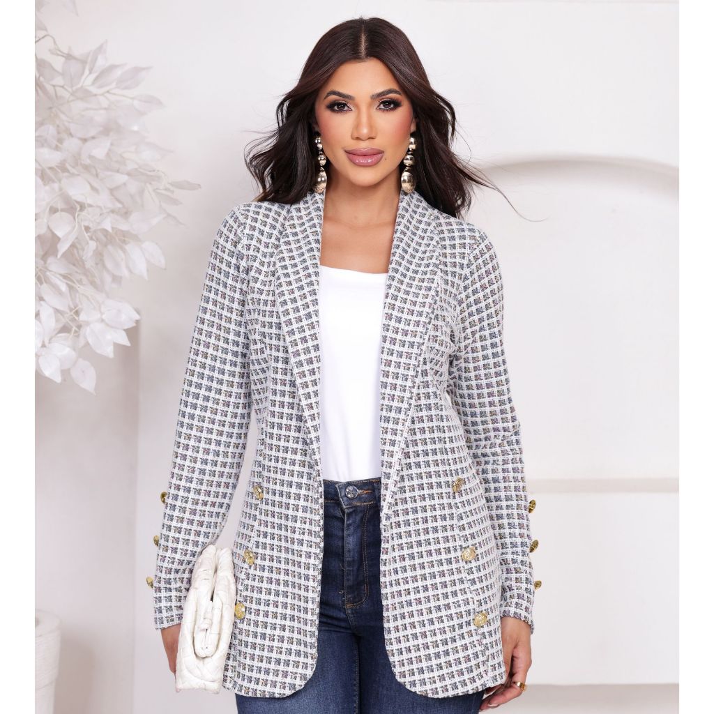 Blazer Feminino Tweed Xadrez Alongado Elegante Chic Alfaiataria Botões Dourados