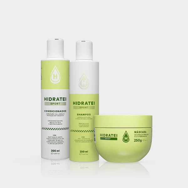 Kit Capilar Hidratei Sport Hidratação Pós Academia Brilho Maciez Proteção UV Shampoo Condicionador e Máscara