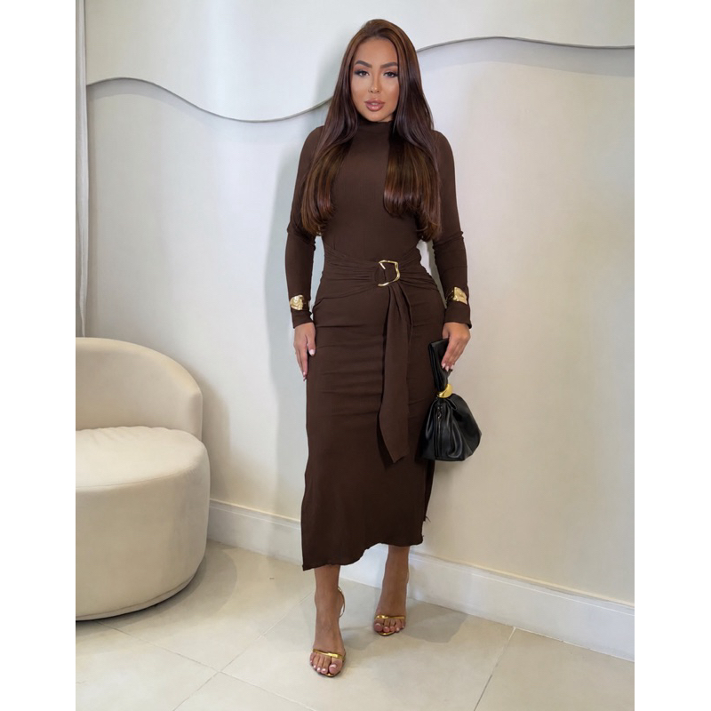 Vestido Midi Feminino Manga Longa Gola Alta com Faixa Elegante
