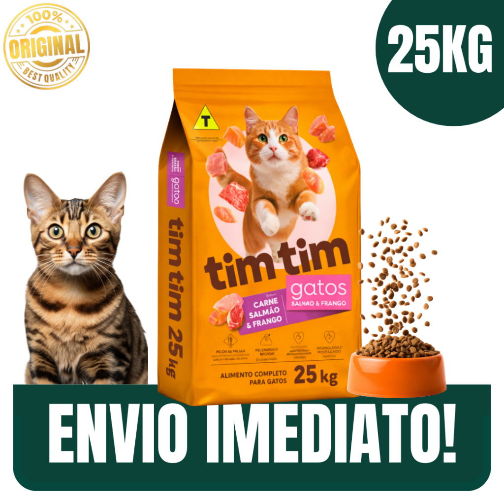 Ração p/ Gatos Adultos e Filhotes 25kg Nutrição Completa e Saborosa Tim Tim - Envio Imediato