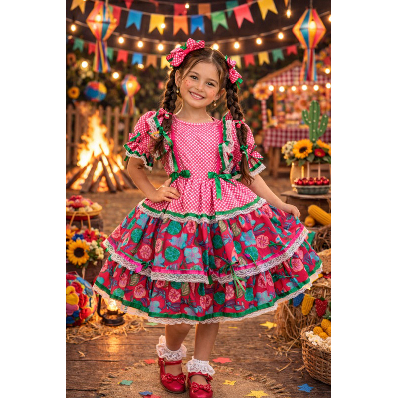 *ENVIO IMEDIATO, LOOK SÃO JOÃO!* Vestido infantil junino rosa quadrilha dançar festa junina arraial