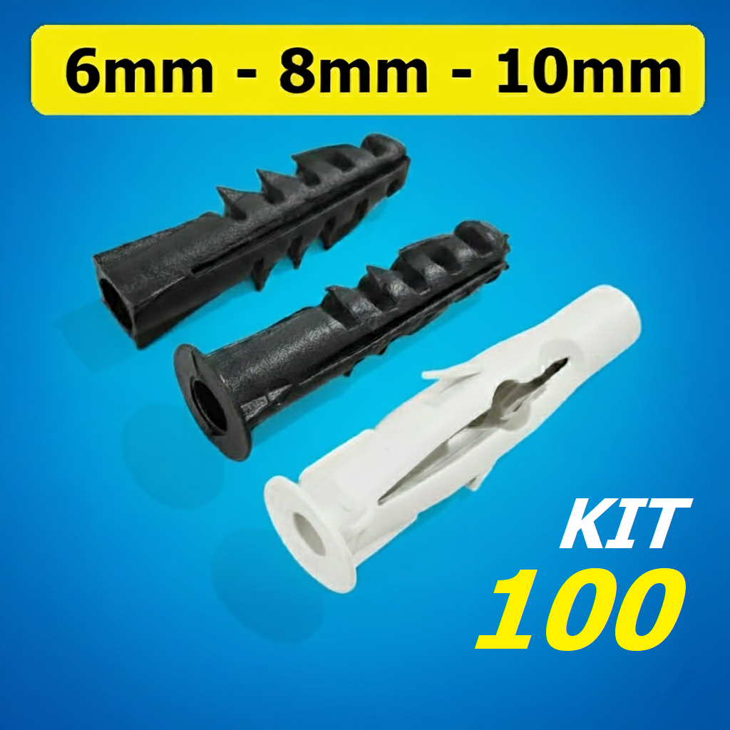 Kit 100 Bucha Várias Medidas Com e Sem Anel 6mm 8mm 10mm Convencional Drywall U UB UFU - USAF