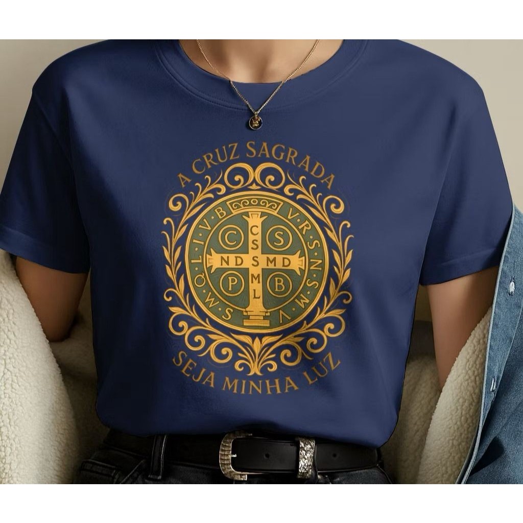 Camiseta Casual Catolica Malha Premium 100% Algodão Estampada A Cruz Sagrada