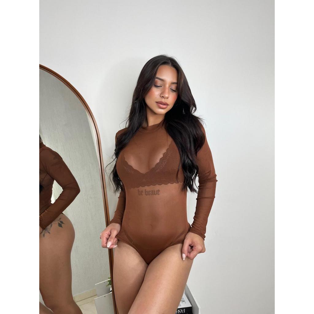 Body De Tule Feminino Transparente Manga Longa Sexy Festa Noite