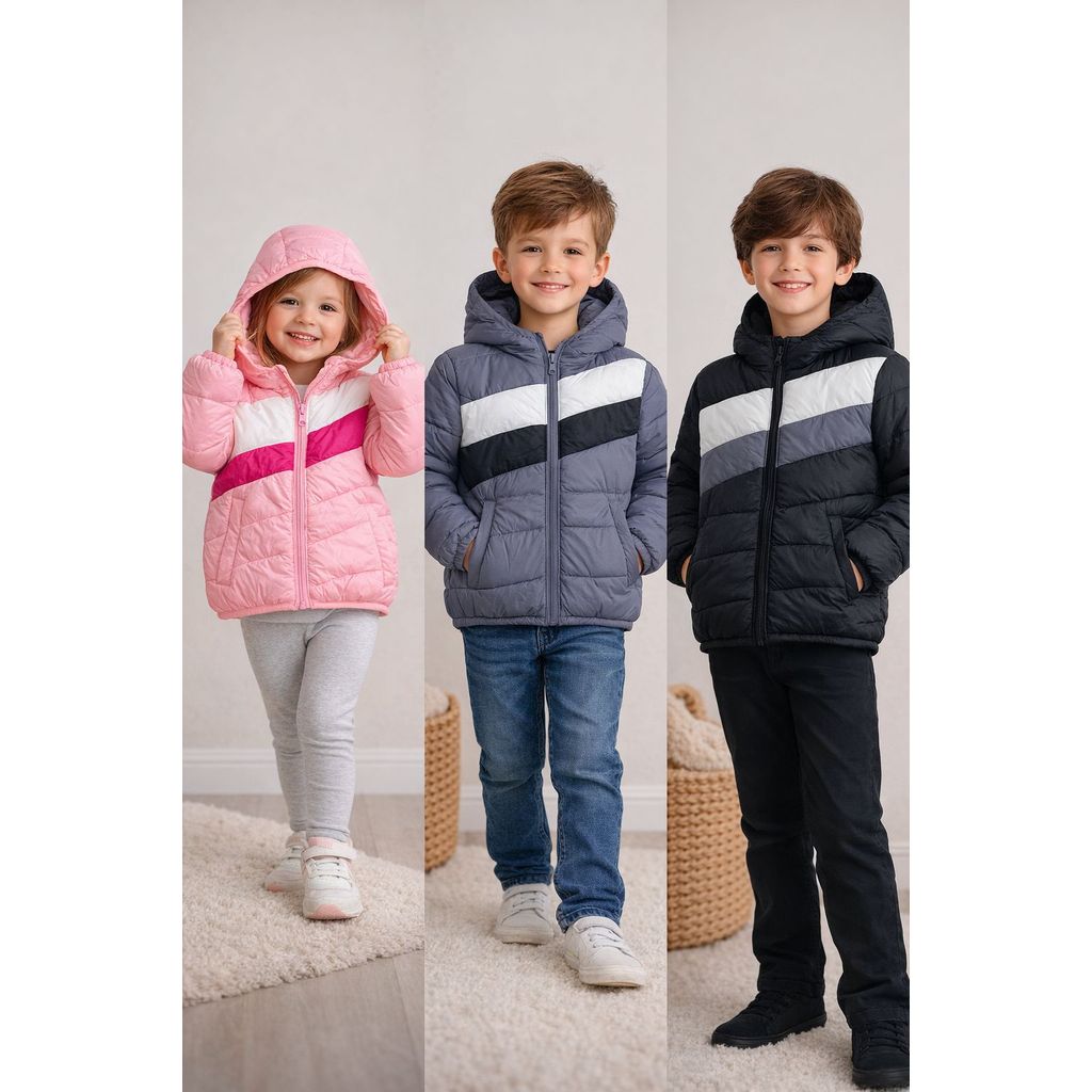 Jaqueta Puffer Infantil Impermeável Premium com Capuz  Bolso Menino Menina Masculino Feminina Criança Colorida