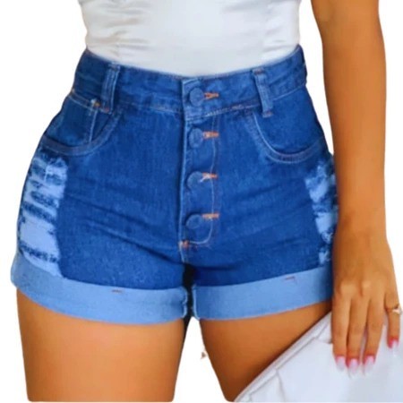 Short Jeans Feminino Soft Bermuda Cintura Alta Barra Dobrada Empina Bumbum, Doma