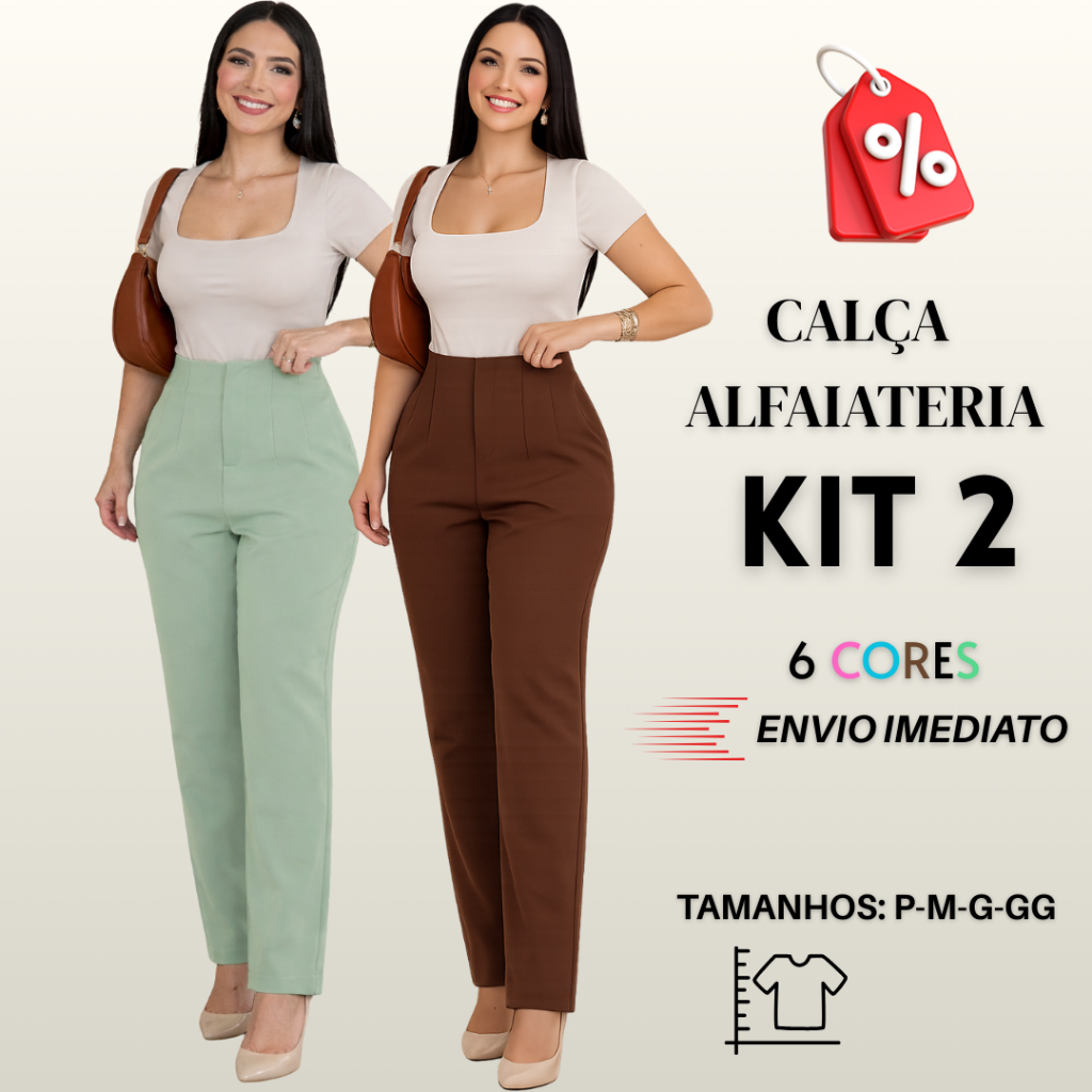 Kit 2 Calça Feminina  Alfaiataria  Cintura Alta Social com Botão e Zíper