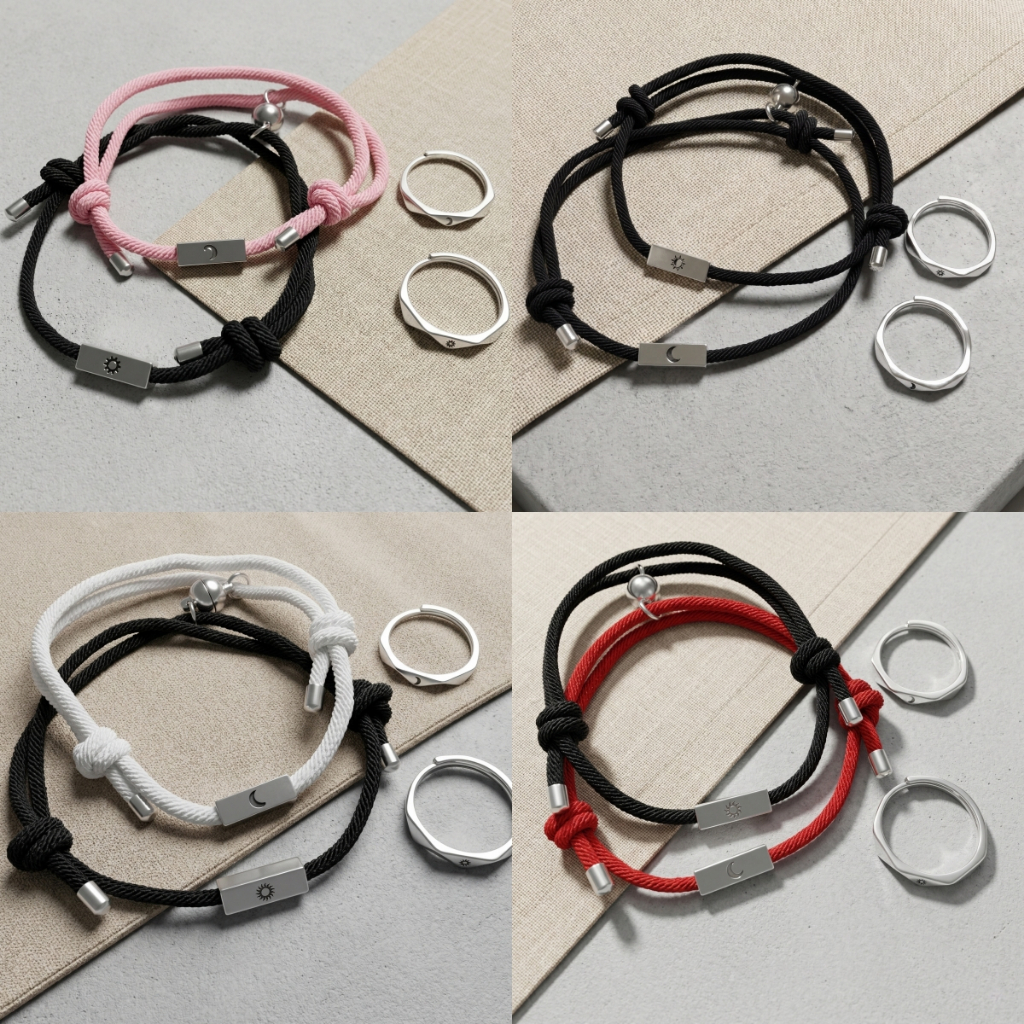 Kit 4 Peças Pulseira e Anel Casal Sol Lua Banhado a Prata 925