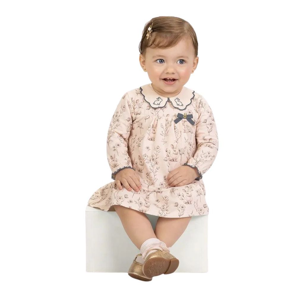 Vestido de Manga Longa com Body Bebê Menina Coelhinhos Milon