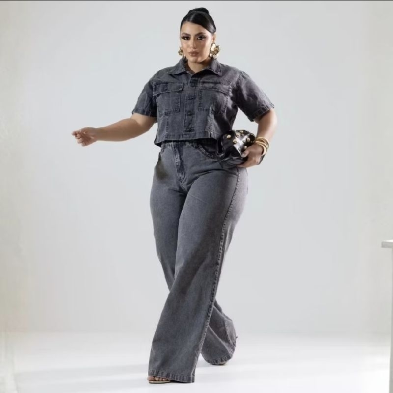 Calça Plus Size Feminina Wide Leg Jeans Cintura Alta Com Lycra Pantalona