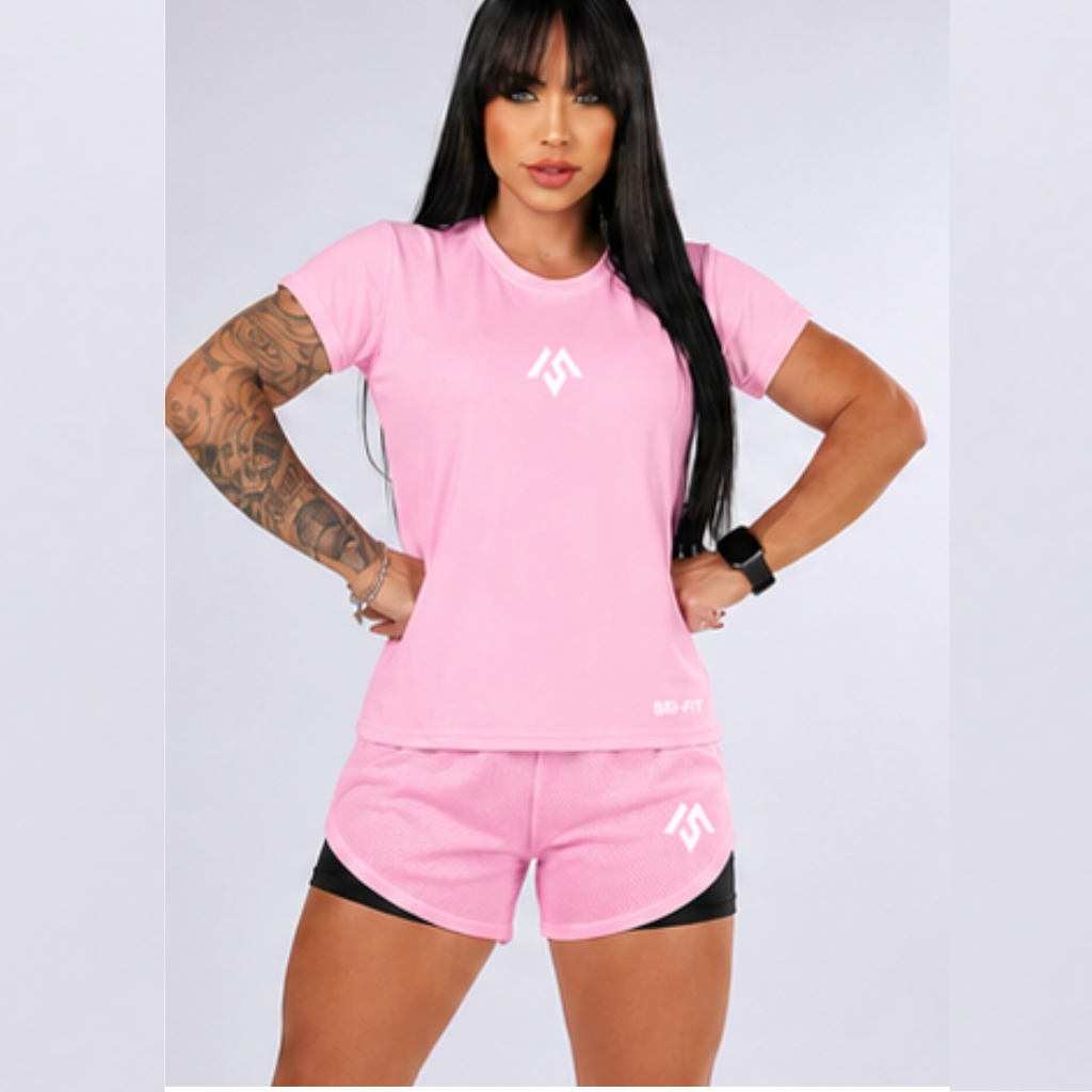Conjunto Feminino Blusa + Short Duplo DryFit Treino Academia Fitness