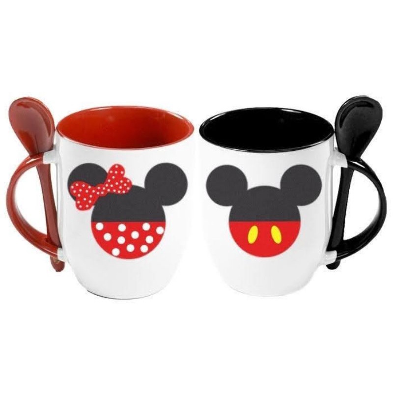 Caneca Xicara Com Colher Tema Mikey E Minnie Vermelha Ou Preta Caneca
